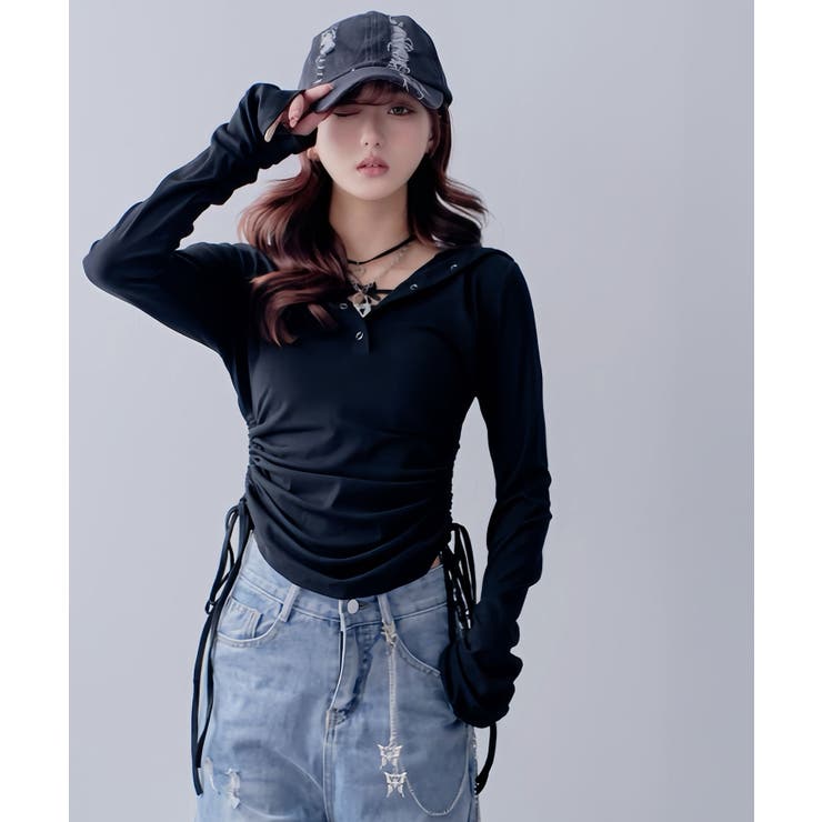 フードヘンリーネック脇シャーリングデザイン長袖リブカットソー 韓国 夢展望 | 夢展望 | 詳細画像2 