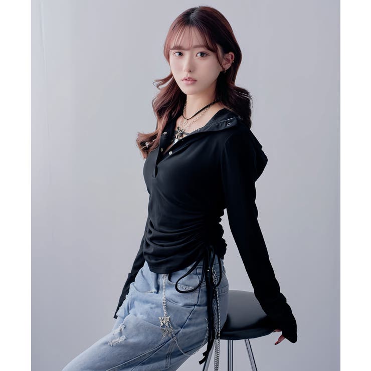 フードヘンリーネック脇シャーリングデザイン長袖リブカットソー 韓国 夢展望 | 夢展望 | 詳細画像6 