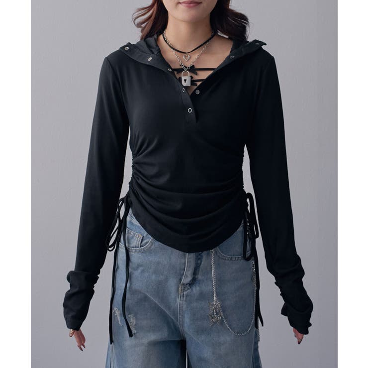 フードヘンリーネック脇シャーリングデザイン長袖リブカットソー 韓国 夢展望 | 夢展望 | 詳細画像14 