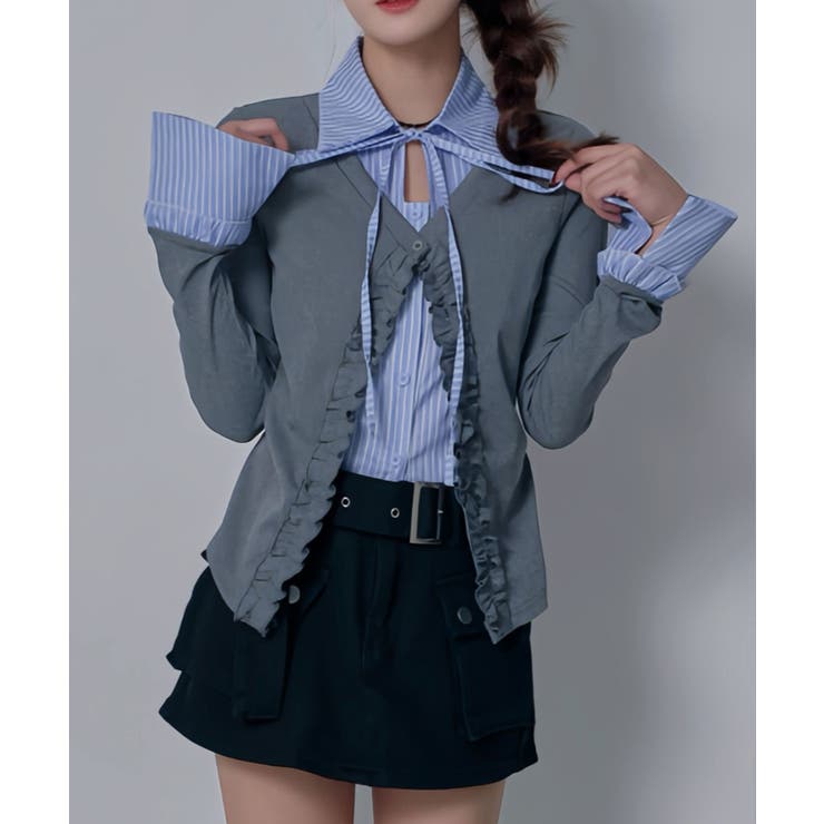 シャツレイヤードY2Kカーディガン風カットソートップス 韓国 夢展望 | 夢展望 | 詳細画像6 