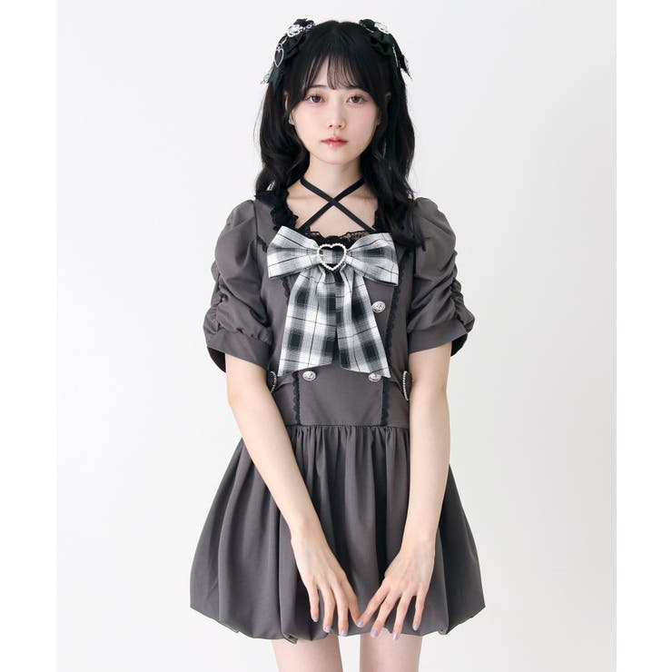 姫系キラキラビジューハートリボンレースアップバルーンワンピース