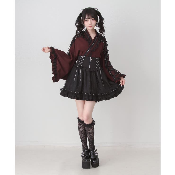 夢展望 Dear My Love ドレス浴衣 ミニスカート いちご ストライプ 十字架クモレーススタッズテープレースアップミニスカート浴衣 量産型
