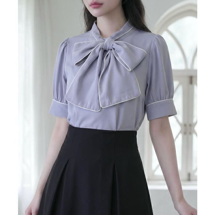 配色パイピングボウタイブラウス 韓国 夢展望 Rose | 夢展望 | 詳細画像9 