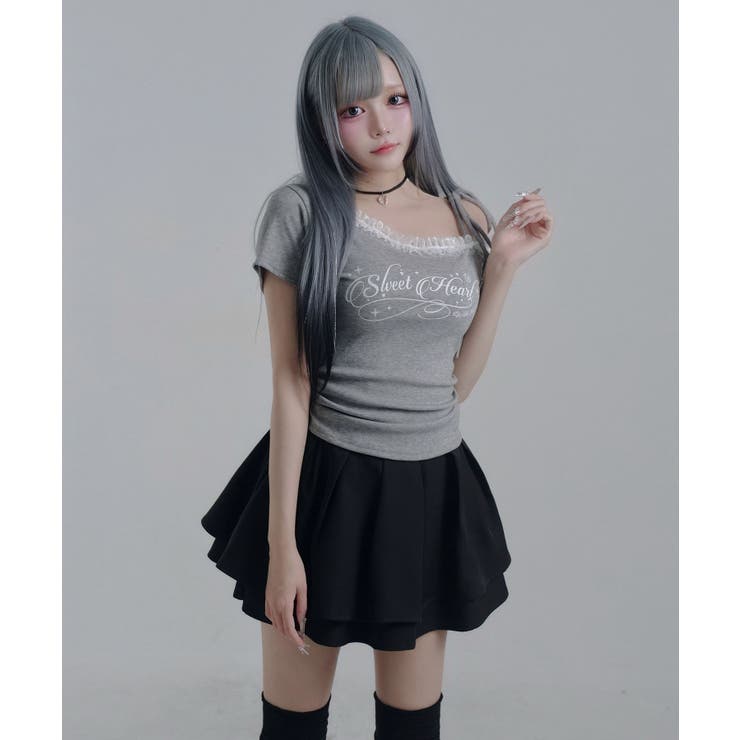 Y2Kバレエコア襟レース オフショルダー ロゴTシャツ | 夢展望 | 詳細画像9 