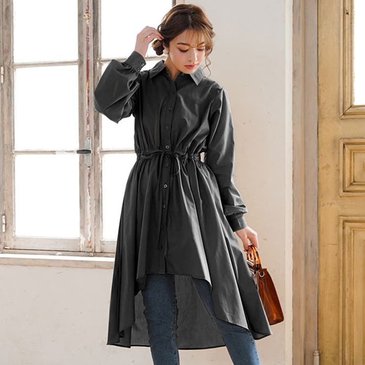 アシンメトリー フレアシャツワンピース 長袖 秋冬 レディース ロング