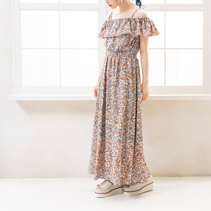 コルザ　オフショルダー　カラフル小花柄ブラウス　L　ネイビー　総柄　肩出し
