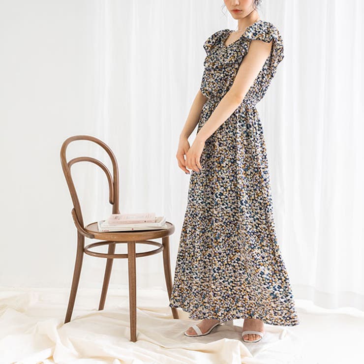 総柄ネイビー | ウエストシャーリングマキシワンピース 韓国 オルチャン 夢展望 | 夢展望