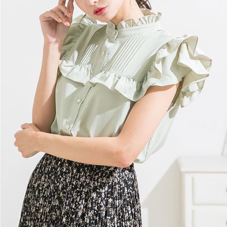 ヨークフリルスタンドカラーブラウス 韓国 オルチャン 夢展望[品番