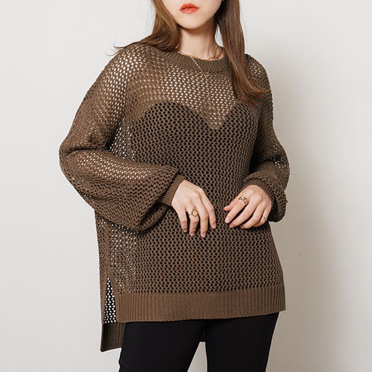メッシュ編みオーバーサイズニットトップス 韓国ファッション 