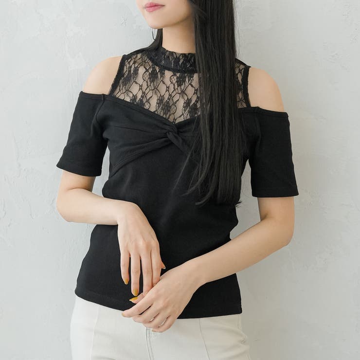 ブラック×ブラック | レースレイヤードテレコリブトップス 韓国 夢展望 | 夢展望