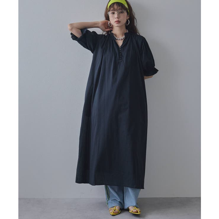 ブラック | インド綿スキッパーロングワンピース 韓国 夢展望 bohmal | 夢展望
