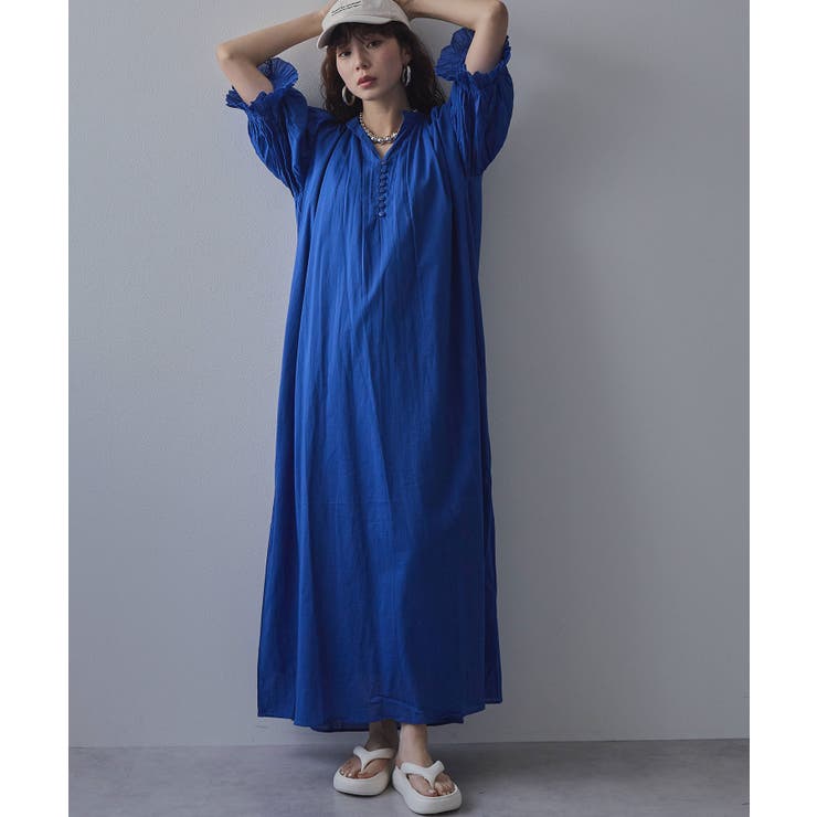 ロイヤルブルー | インド綿スキッパーロングワンピース 韓国 夢展望 bohmal | 夢展望