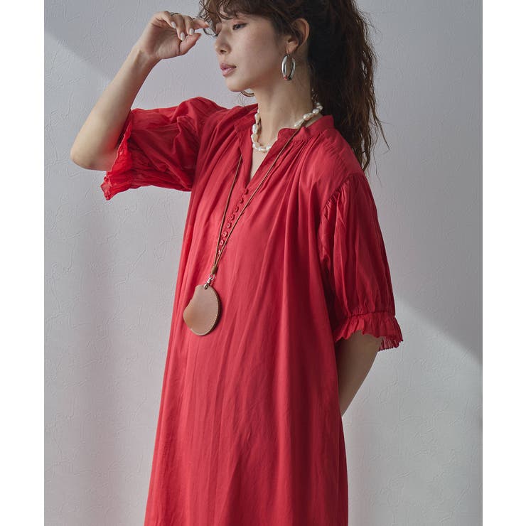 レッド | インド綿スキッパーロングワンピース 韓国 夢展望 bohmal | 夢展望