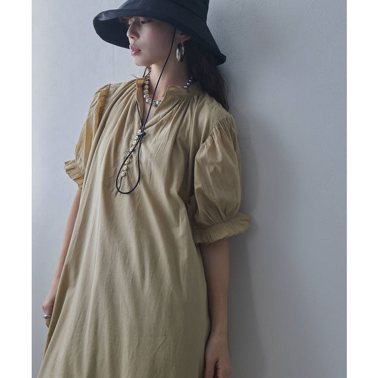 ベージュ | インド綿スキッパーロングワンピース 韓国 夢展望 bohmal | 夢展望