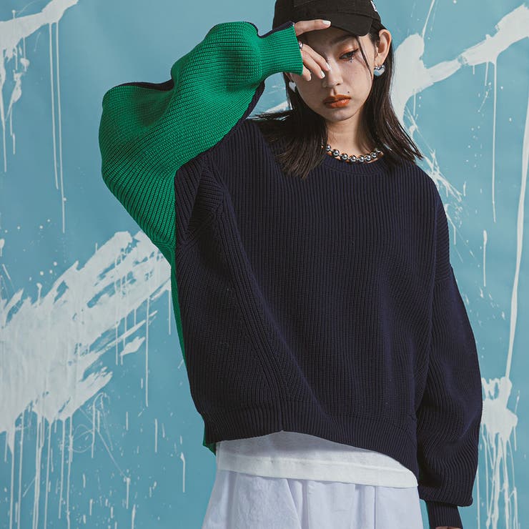 ネイビー | 変形アーム前後差カラフルダンボールニット 韓国 夢展望 | 夢展望