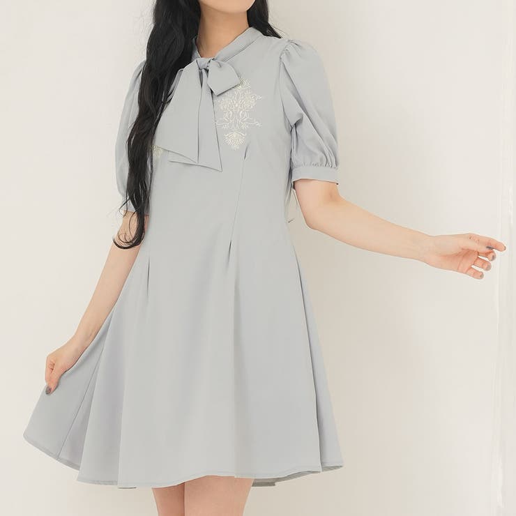 ブルーグレー | 刺繍入りリボンタイワンピース 韓国 夢展望 | 夢展望