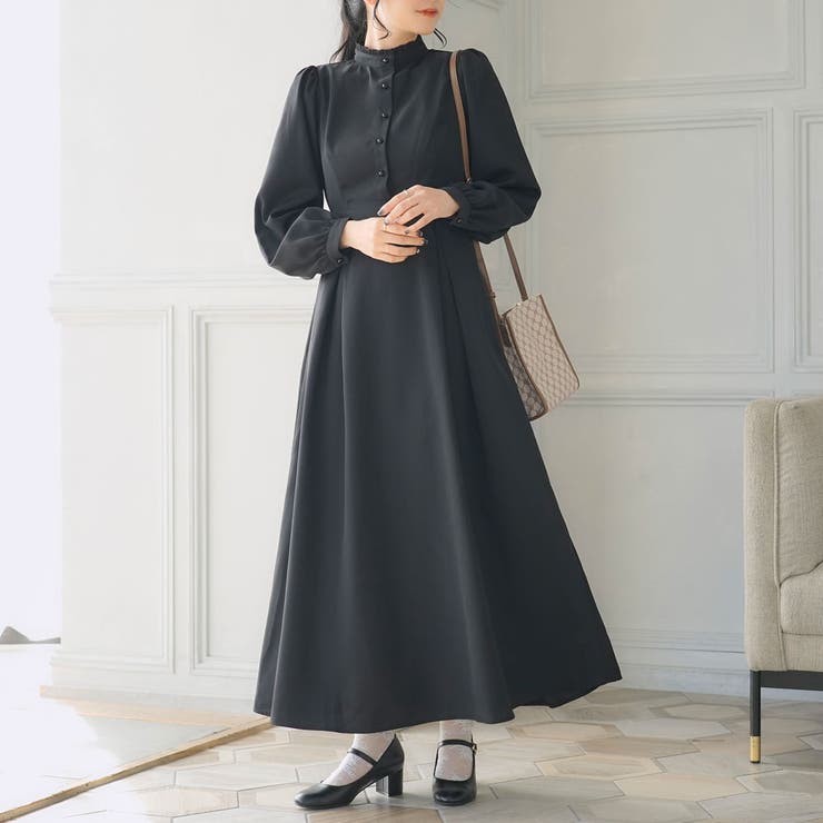 ブラック | フリルスタンドカラーマキシワンピース 韓国 夢展望 | 夢展望