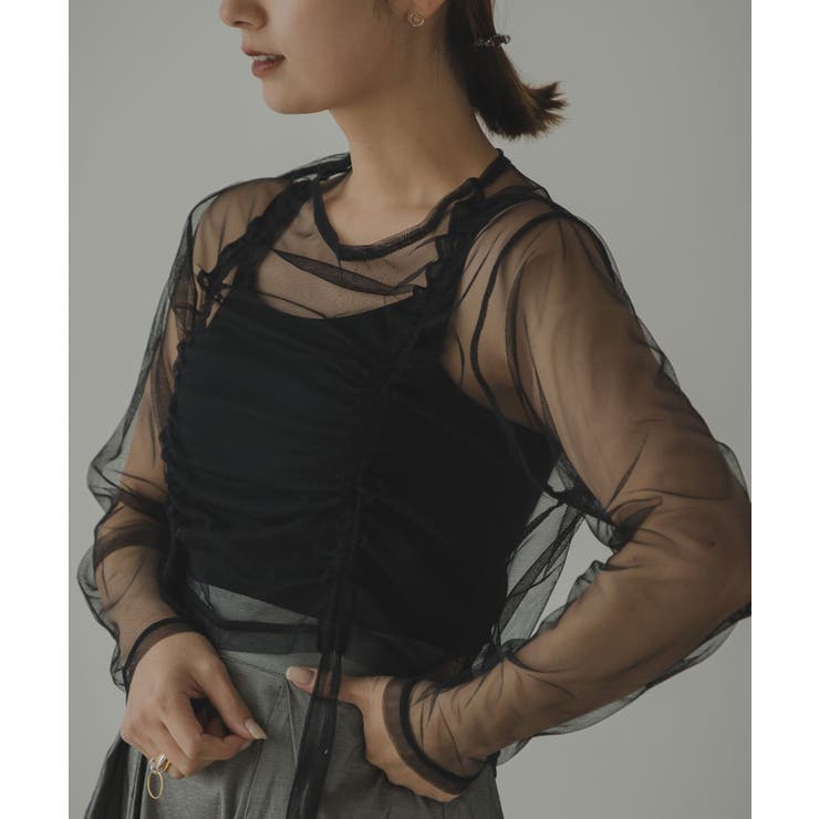 ブラック | ダブルシャーリングチュールトップス 韓国 夢展望 | 夢展望