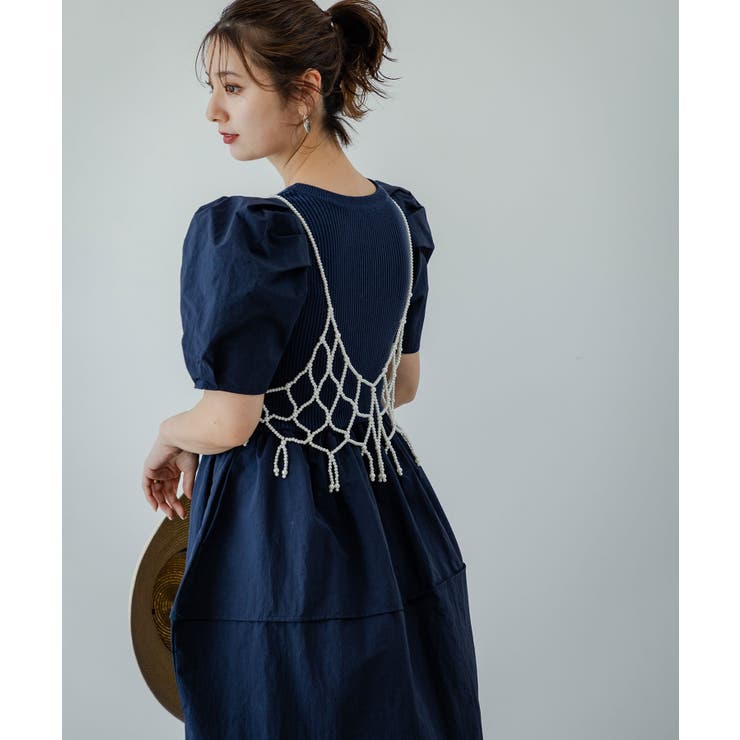 ネイビー | ボリュームスリーブドッキングワンピース 韓国 夢展望 | 夢展望