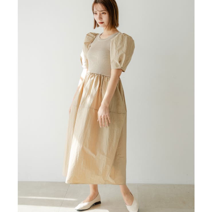 ベージュ | ボリュームスリーブドッキングワンピース 韓国 夢展望 | 夢展望