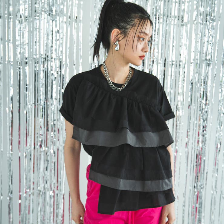 ブラック×ブラック | ボリュームラッフルTシャツ 韓国 夢展望 | 夢展望