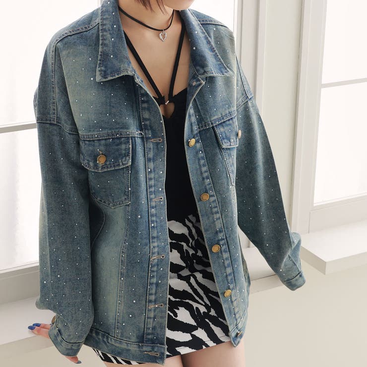 ブルー | ストーンビジュー付オーバーデニムシャツジャケット 韓国 夢展望 | 夢展望