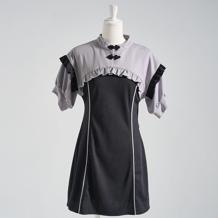 グレー×ブラック | サブジラギャル配色チャイナカラーAラインワンピース 韓国 夢展望 | 夢展望