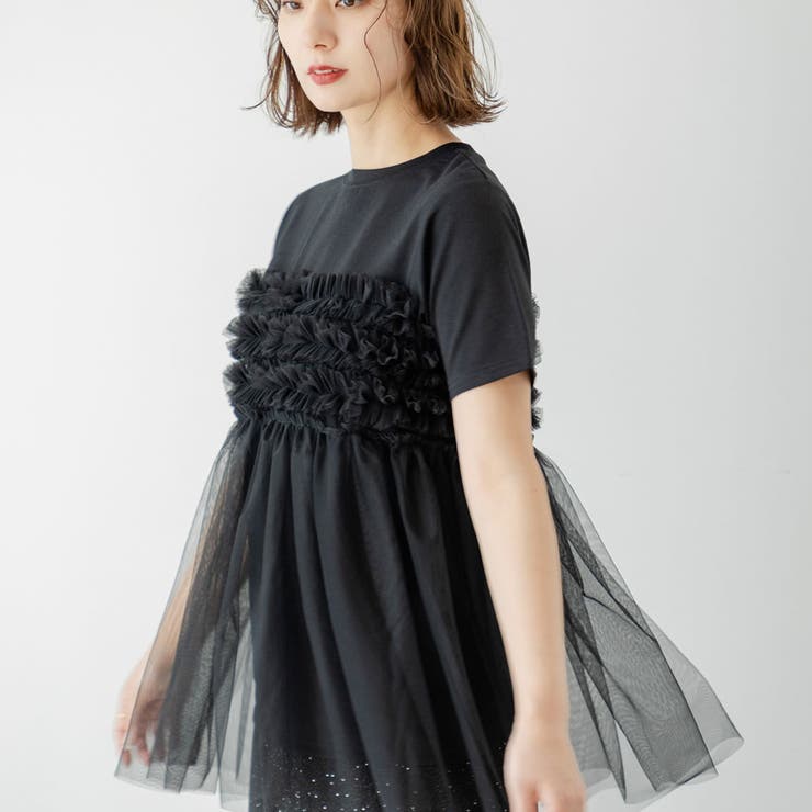 ブラック | チュールフリルドッキングTシャツ 韓国 夢展望 | 夢展望