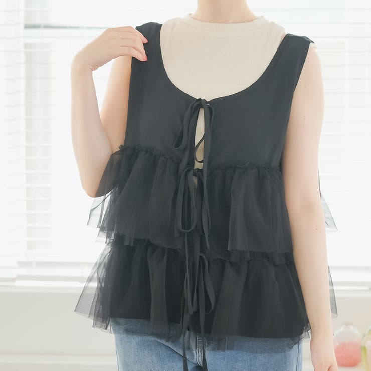 ブラック | フロントリボンチュールベスト 韓国 夢展望 | 夢展望