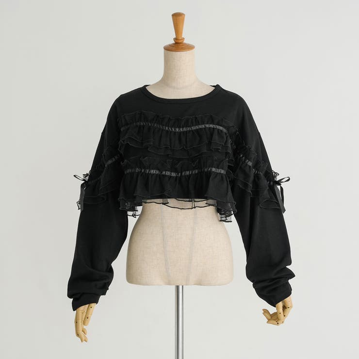オールブラック | チュールフリルリボンクロップドロンT 量産型 地雷系 夢展望 | DearMyLove