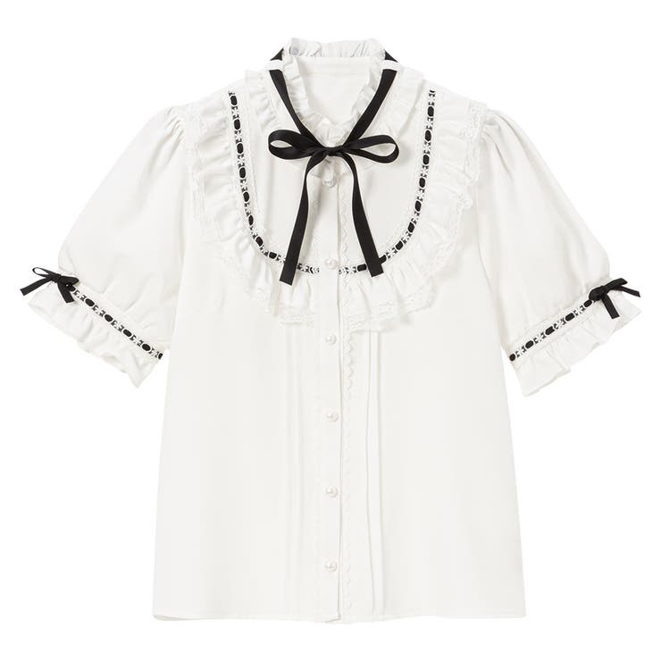 ホワイト×ブラック | フリルはしごレースリボンヨークブラウス 量産型 地雷系 夢展望 | DearMyLove