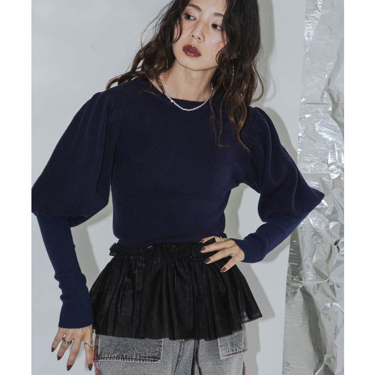 ネイビー | 2wayパフスリーブリボンニット 韓国 夢展望 | 夢展望