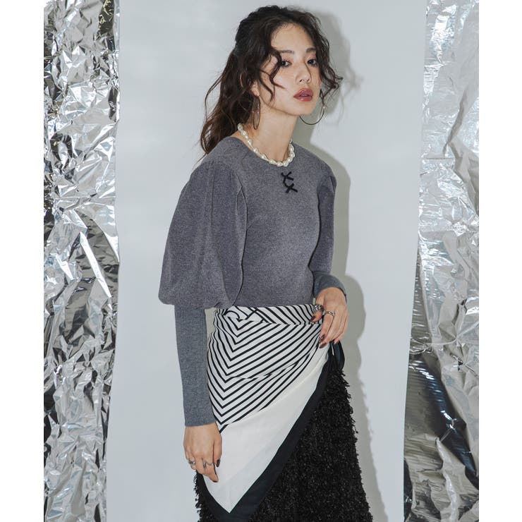 グレー | 2wayパフスリーブリボンニット 韓国 夢展望 | 夢展望