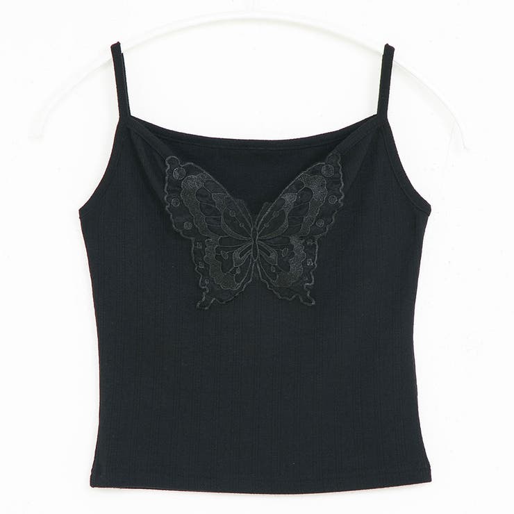 ブラック(蝶々) | レースキャミor透け蝶々キャミ選べるカットソー 韓国 夢展望 | 夢展望