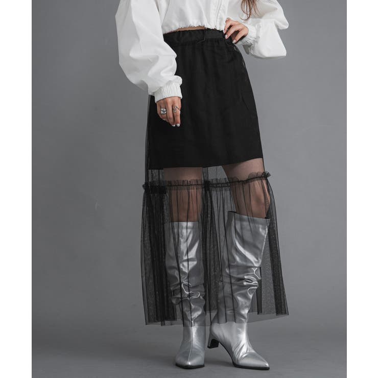 ブラック | タフタ×チュールレイヤードスカート 韓国 夢展望 | 夢展望