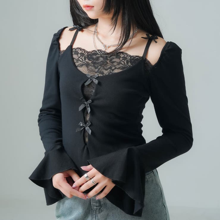 裏起毛透けレースセクシーカットソートップス 韓国 夢展望[品番