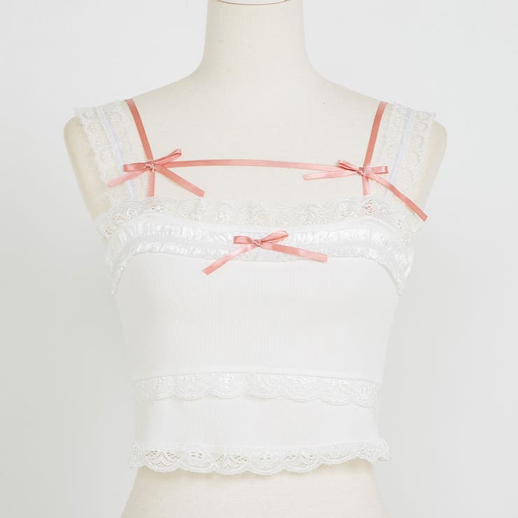 ホワイト | ビスチェ風ピンクリボンキャミ 韓国 夢展望 | 夢展望