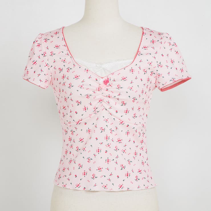 ピンク | プチローズプリント半袖カットソー 韓国 夢展望 | 夢展望