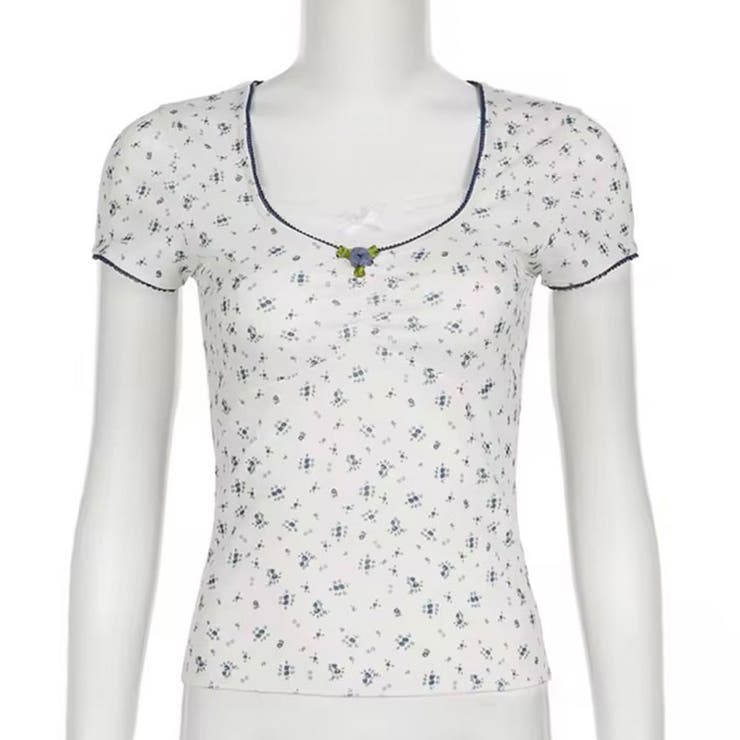 ブルー | プチローズプリント半袖カットソー 韓国 夢展望 | 夢展望