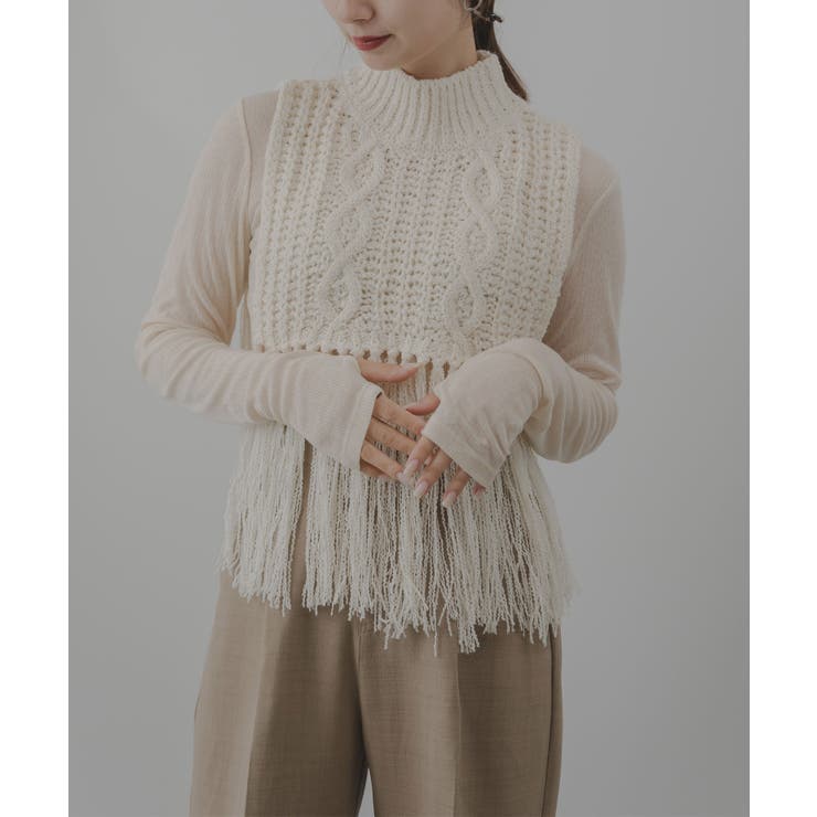 アイボリー | ケーブル編みフリンジベスト 韓国 夢展望 | 夢展望