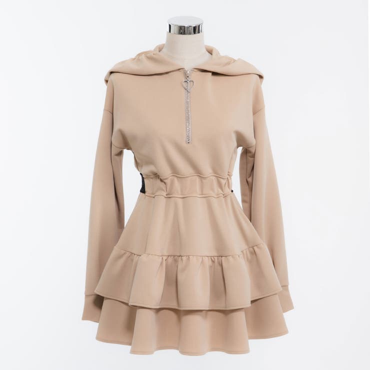 ベージュ | フードフリルハートキラキラティアードワンピ 韓国 夢展望 | 夢展望