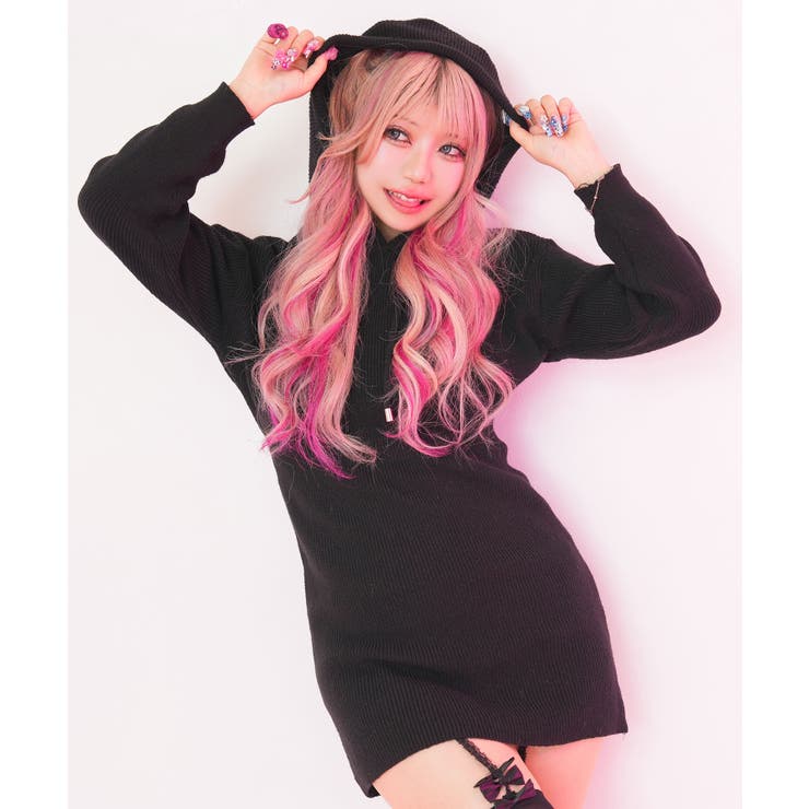 ブラック | フードゆるピタニットワンピース 韓国 夢展望 | 夢展望