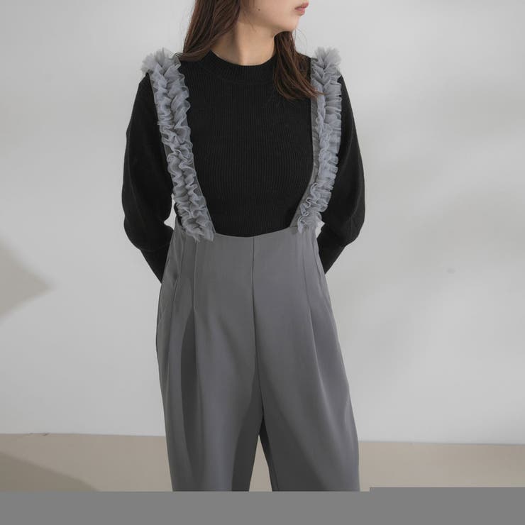 グレー | ハイウエストフリルサスペンダーパンツ 【大きいサイズ有】 韓国 夢展望 | 夢展望