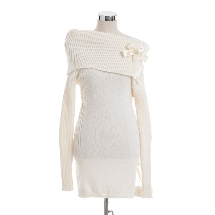 ホワイト | ビジューリボン付オフショルニットワンピース【大きいサイズ有】 韓国 夢展望 | 夢展望