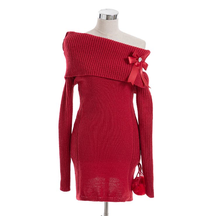 レッド | ビジューリボン付オフショルニットワンピース【大きいサイズ有】 韓国 夢展望 | 夢展望