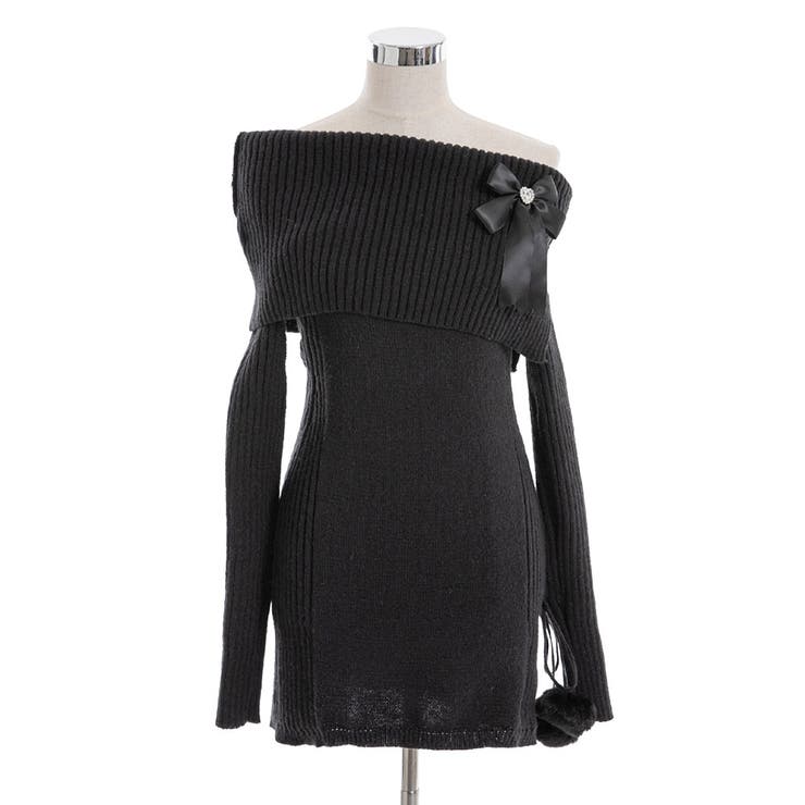 ブラック | ビジューリボン付オフショルニットワンピース【大きいサイズ有】 韓国 夢展望 | 夢展望