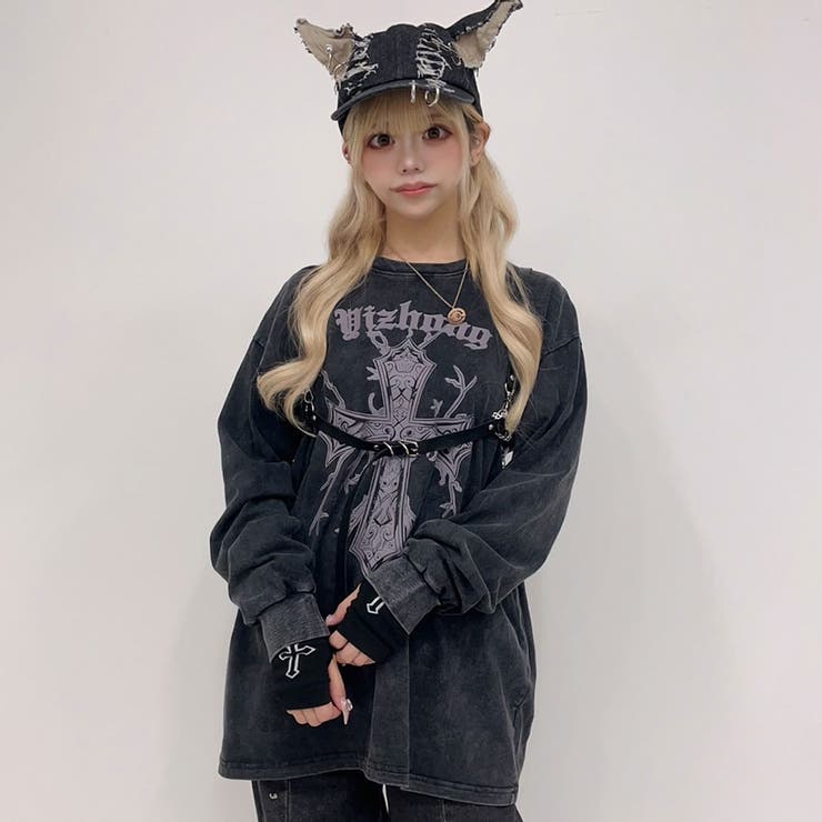 ヴィンテージウォッシュ風十字架ロンTカットソー 韓国 夢展望[品番