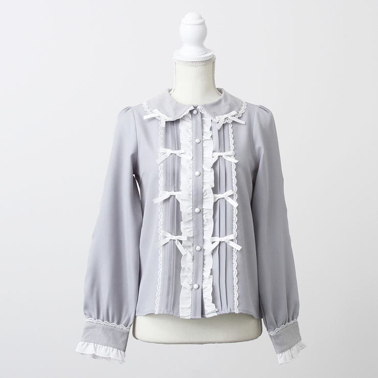 ブルーグレー×ホワイト | キラキラビジュレースリボンブラウス 量産型 地雷系 夢展望 | DearMyLove