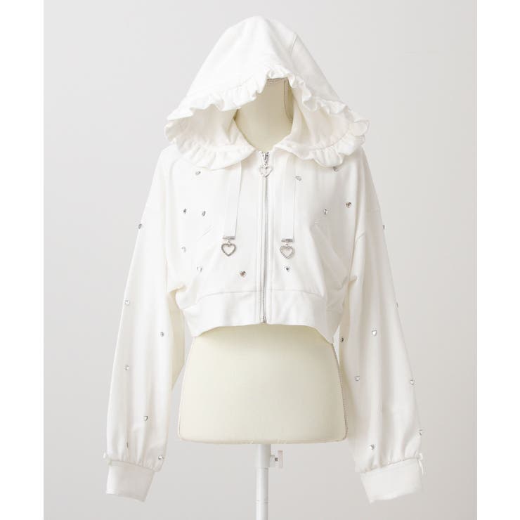 ホワイト | ハートドットビジューフリルショートパーカー 量産型 地雷系 夢展望 | DearMyLove
