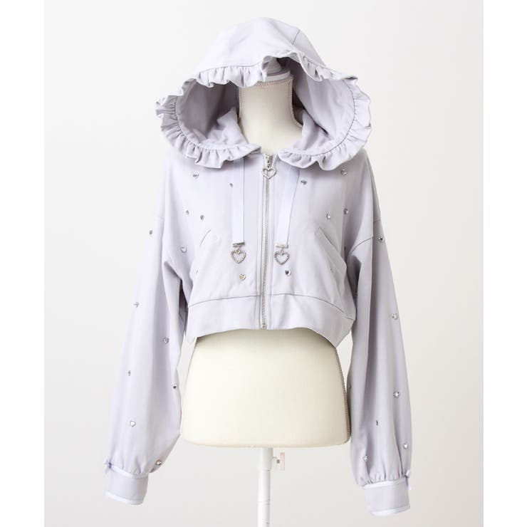 ブルーグレー | ハートドットビジューフリルショートパーカー 量産型 地雷系 夢展望 | DearMyLove